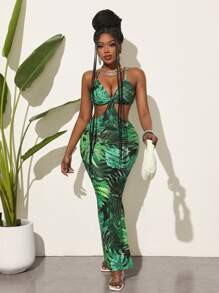 SHEIN Slayr Botanical Print Bodycon Halter Neck Dress With Waist Cut-Out, Backless And Front Slit | SHEIN