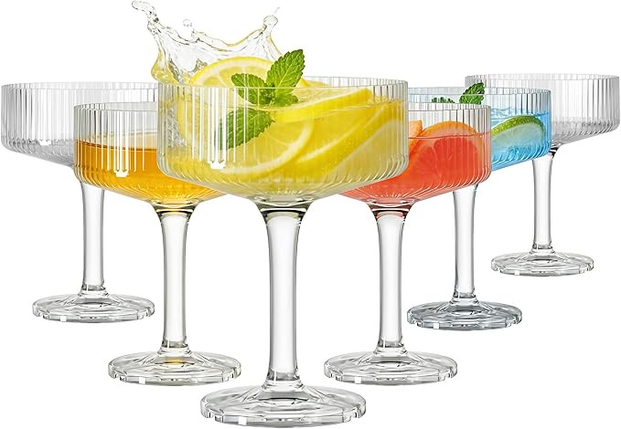 Plastic Coupe Glasses Set of 6, 10oz Ribbed Martini Glasses, Plastic Vintage Cocktail Cups for Es... | Amazon (US)