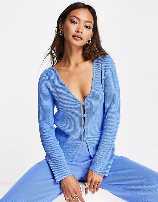 ASOS DESIGN co-ord cardigan with faux fur collar in blue | ASOS (Global)