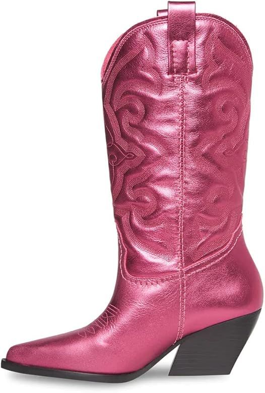 Steve Madden West Pink Metallic Pull On Pointed Toe Block Heel Western Boots | Amazon (US)