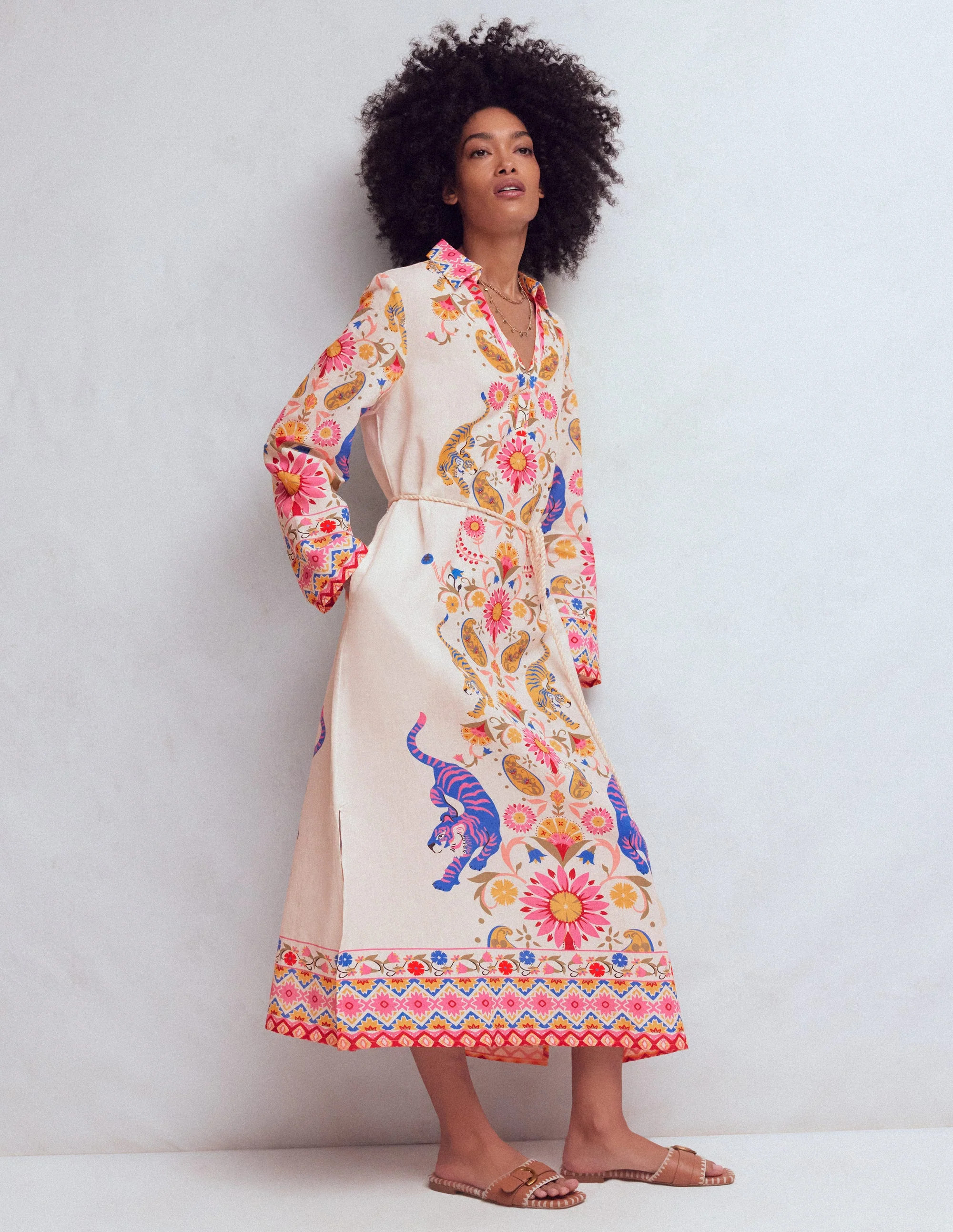 Notch Collar Linen Blend Tunic-Multi Tiger Tapestry | Boden (US)