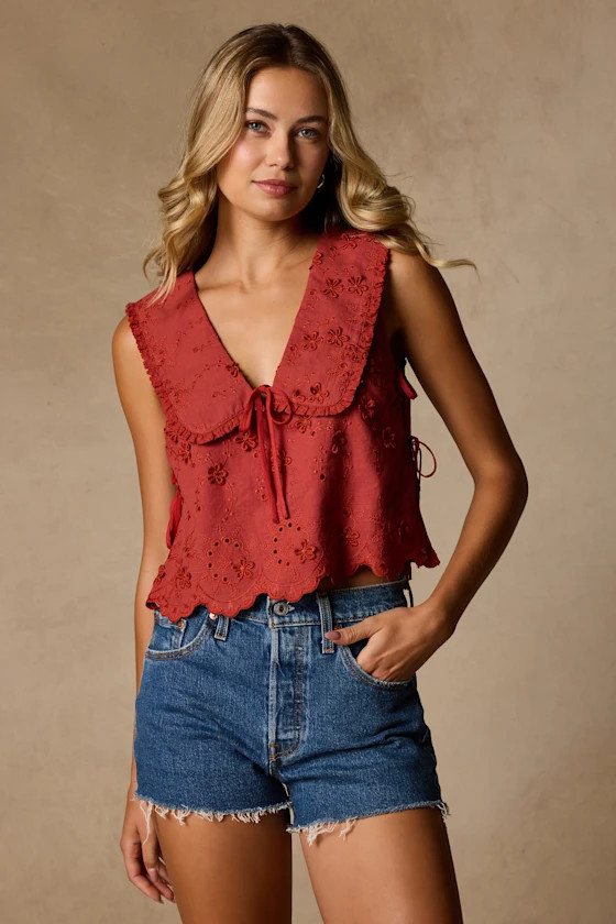 Shani Rust Red Embroidered Collared Tank Top | Lulus