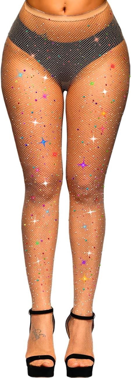 Anlaey Women's Rave Sparkly Rhinestone Fishnet Stockings Tights Sexy High Waist Fishnets for Hall... | Amazon (US)
