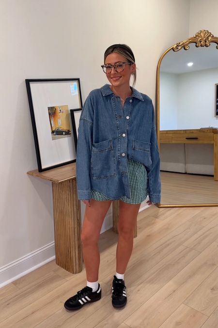 I’m wearing size small in the denim shirt, love how oversized this is and the big pockets are so cute! I sized up to a medium in the shorts. 

#LTKstyletip #LTKfindsunder50 #LTKfindsunder100
