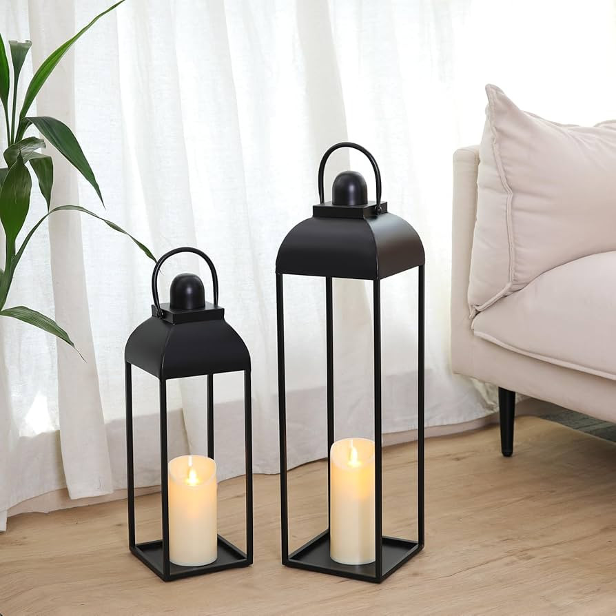 25'' 19'' Lanterns Decorative Outdoor Indoor, Black Metal Outdoor Candle Lanterns, Set of 2 Moder... | Amazon (US)