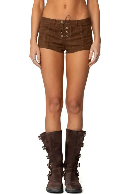 EDIKTED Sloane Faux Suede Micro Shorts in Brown at Nordstrom, Size Small | Nordstrom