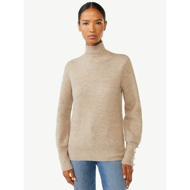 Scoop Women's Long Sleeve Turtleneck Sweater with Button Cuffs, Midweight, Sizes XS-XXL | Walmart (US)