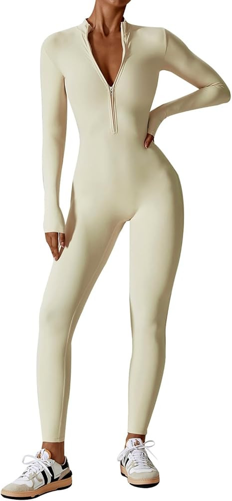 ECUPPER Women Long Sleeve Bodycon Jumpsuits Workout Zip Up Unitard One Piece Full Bodysuits Sexy ... | Amazon (US)