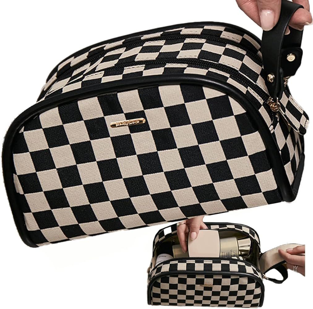 Vintage Black Double Zippers Checkered Large Capacity Cosmetic Bag with Compartments Skincare Bag... | Amazon (US)