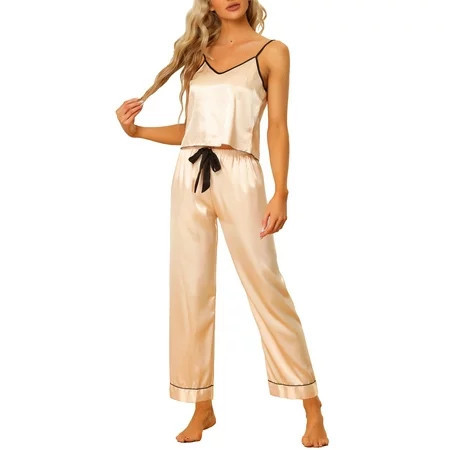Unique Bargains Womens Cami Pants Sets Sleepwear Nightwear Satin Pajama Party Silky Summer | Walmart (US)