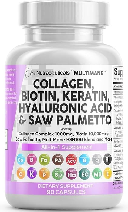 Clean Nutraceuticals Collagen Pills 1000mg Biotin 10000mcg Keratin Saw Palmetto Hyaluronic Acid -... | Amazon (US)