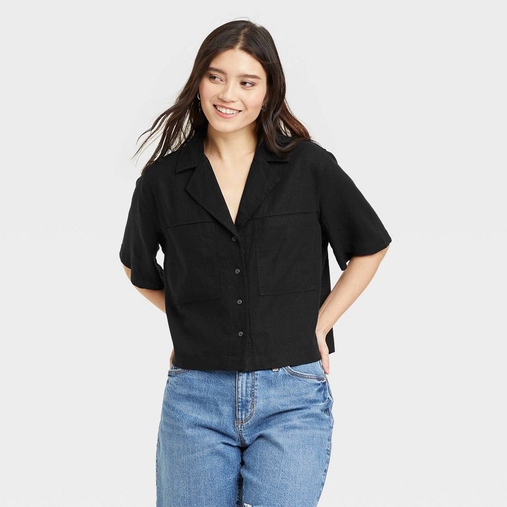 Women's Short Sleeve Button-Down Shirt - Universal Thread Black L | Target