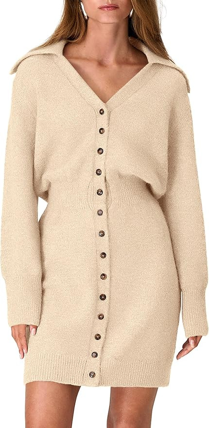 PRETTYGARDEN Womens Fall Sweater Dress Long Sleeve V Neck Button Down Knit Pullover Winter Dresse... | Amazon (US)