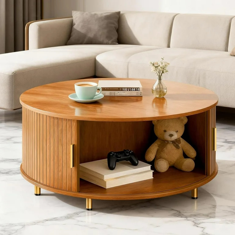 Round Coffee Table with 360° Sliding Tambour Door, 31.5" Modern Coffee Table with Storage, Mid-C... | Walmart (US)
