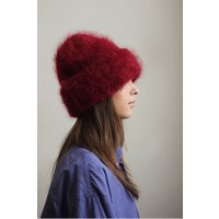 Hand - Knitted Premium Mohair Beanie Hat in Burgundy | Etsy (US)