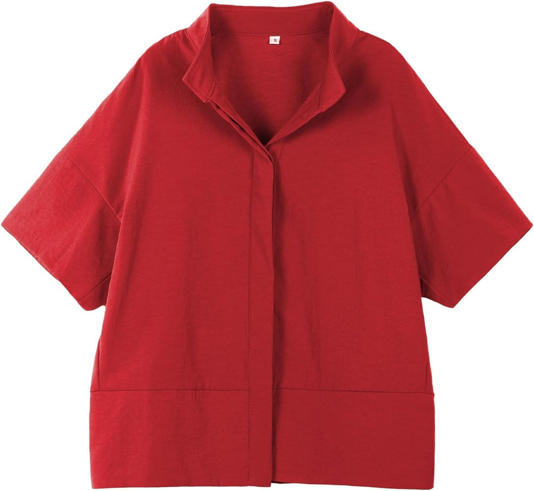 Ainangua Women Casual Button Down Shirts Oversized Short Sleeve Stand Collar Tops Trendy Work Blo... | Amazon (US)