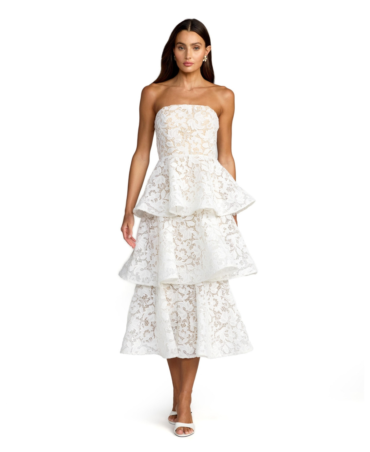 Mac Duggal Women's Strapless Lace Tiered Floral Detail Midi Dress - Ivory | Macy's