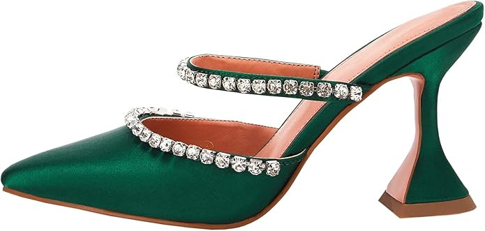 VETASTE Women's Pointed Toe Strappy Heels Crystal Satin Heeled Mules Wedding Party Shoes | Amazon (US)