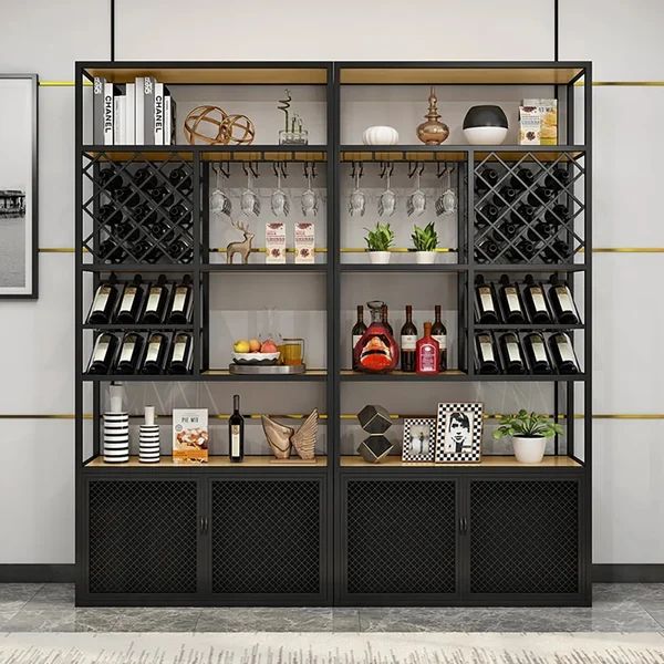 Industrial Tall Wine Rack Floor Home Bar Cabinet with Glass Rack & Bottle Holder | Homary