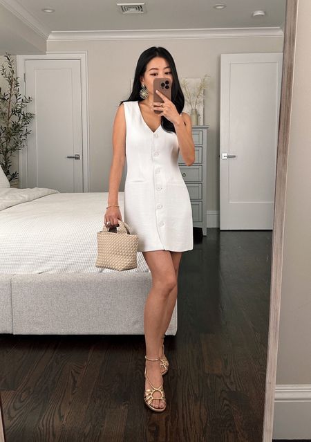 Abercrombie code AFJEAN for 15% off!

• White vest mini dress xxs petite, also in linen. Fits me well, almost fitted at the bust but with room at the waist and hips 

• Sezane gold sandals 36, also in a block heel. These are gorgeous in person 

• Sezane flower earrings 

• Naghedi bag 

#petite warm travel outfits

#LTKfindsunder100 #LTKSeasonal #LTKtravel