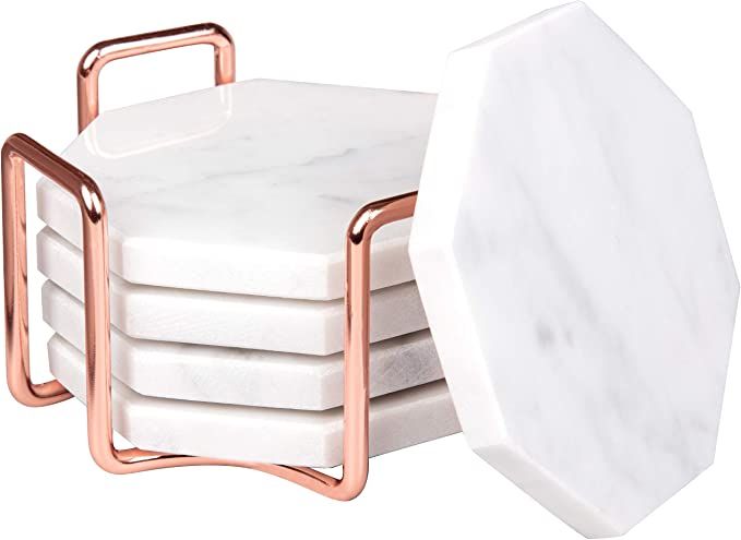 White Carrara Marble Coasters With Rose Gold Holder- Set of 5 - Great Mother's Day Gift | Amazon (US)
