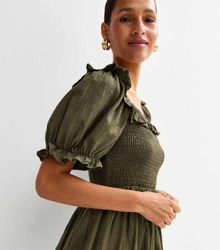 Dark Khaki Puff Sleeve Midi Dress | New Look | New Look (UK)