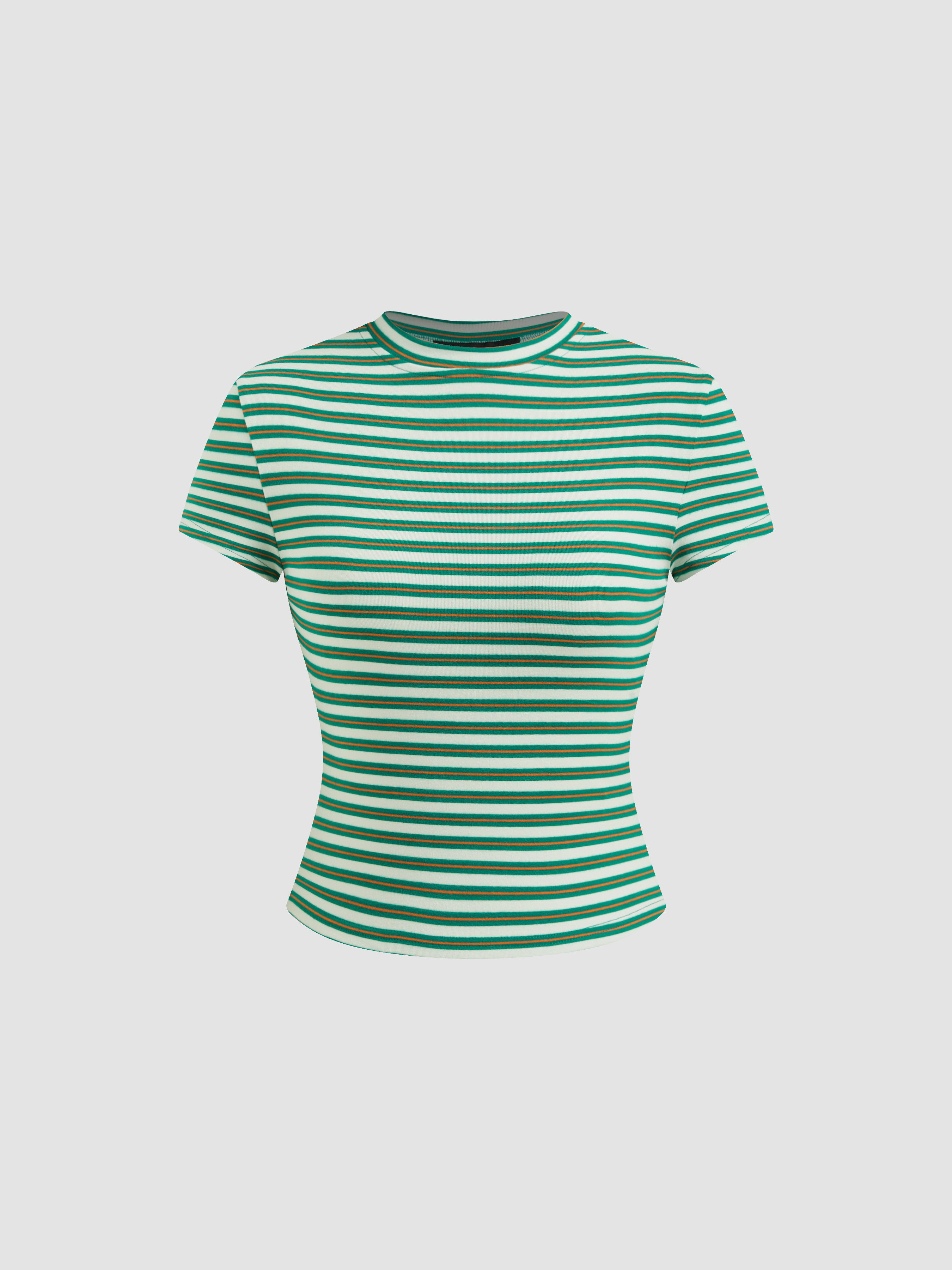 Jersey Round Neckline Stripe Short Sleeve Tee For Daily Casual | Cider