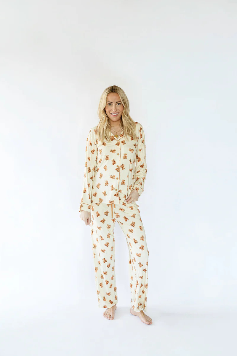 Teddy Bear Adult Button Down Long Sleeve Pajama Top | Sunset Snuggles