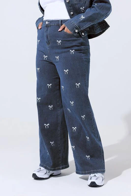 LIMITED COLLECTION Plus Size Blue Bow Embroidered Wide Leg Jeans | Yours Clothing UK