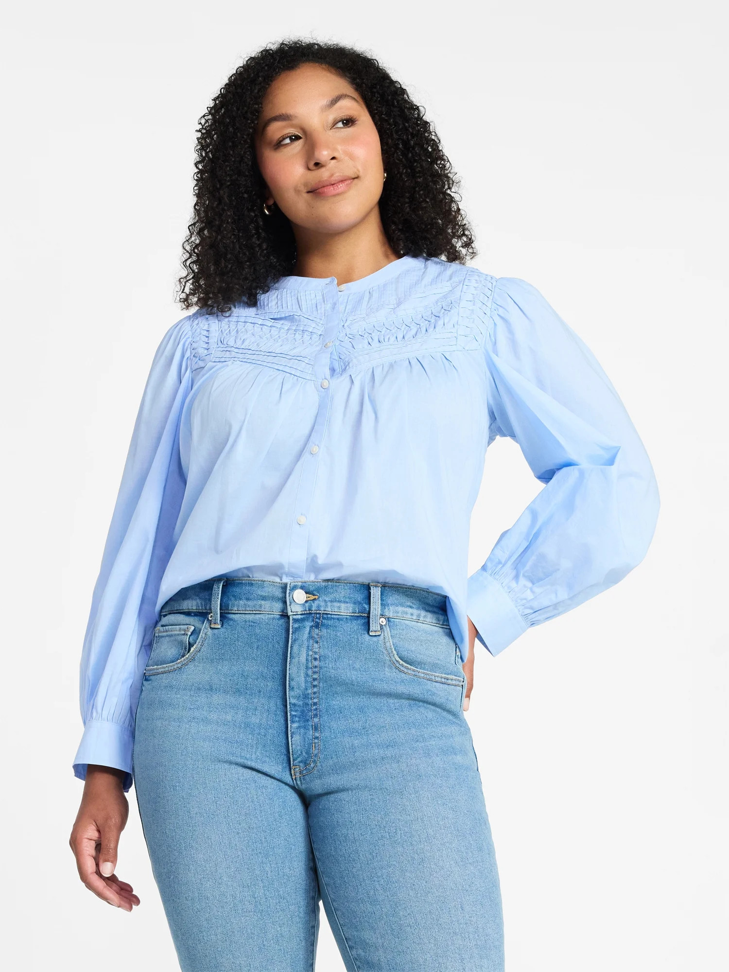 Time and Tru Women's Textured Yoke Cotton Blouse with Long Puff Sleeves, Sizes XS-XXXL | Walmart (US)