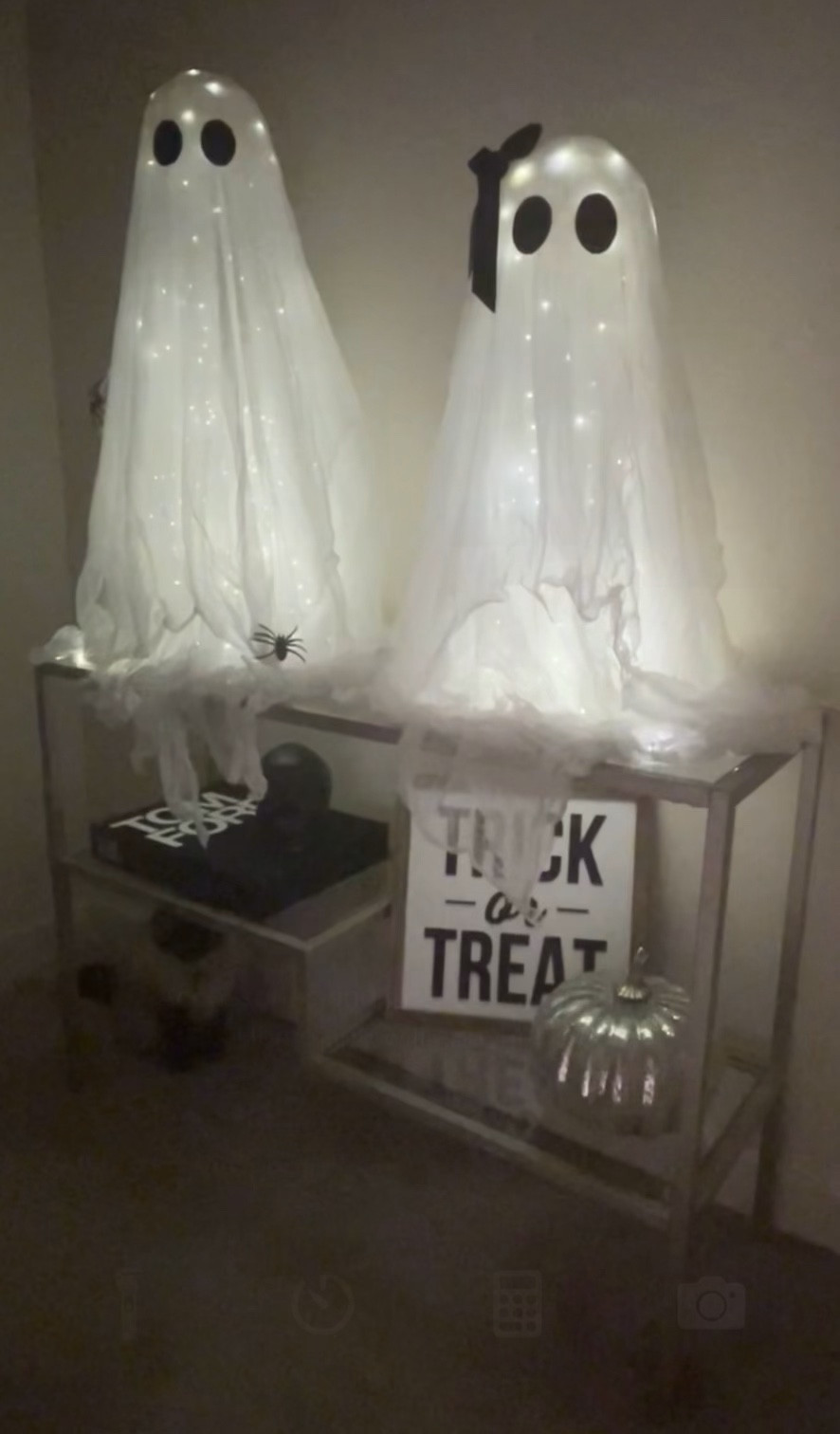 My take on the viral Modge Podge ghosts
🖤
Everyone has their unique way of how they build the structure before they layer on the cheese cloth.
👻
I made mine smaller than tomato cages, and used white cups and balloons all taped together but I’ve listed everything here. I shopped around for the cheapest prices:
• 2 packs of Gauze/Cheese Cloth
• 2 white balloons or 2 8inch styrofoam balls
• 2 tomato cages if you want that size or just stack cups like I did, preferably white cups.
• 2 sets of fairy lights (The ones I linked have different light settings and are battery powered with have a remote!)
• Everything else I linked, you only need 1.
🖤

#LTKSeasonal #LTKhome #LTKfamily