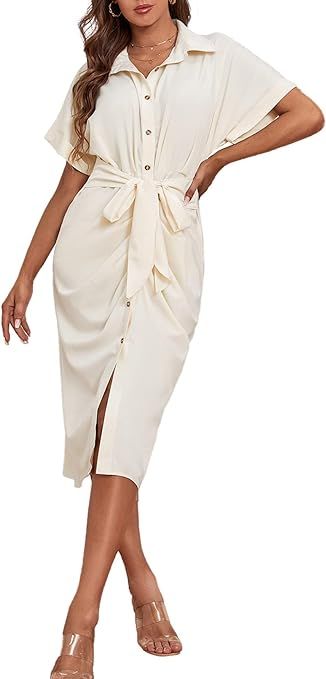 LYANER Women's Collar Button Down Ruched Self Tie Short Sleeve Midi Dress | Amazon (US)
