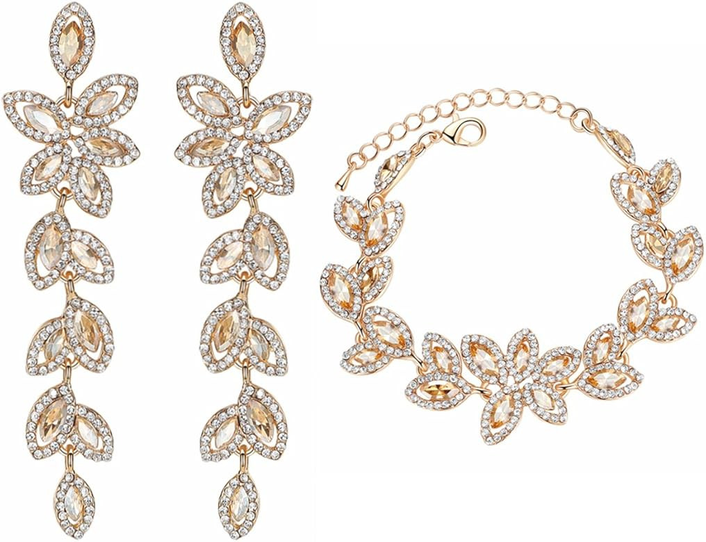 mecresh Flower Teardrop Earring and Bracelets Silver/Gold/Champagne Bridal Jewelry Sets for Women | Amazon (US)