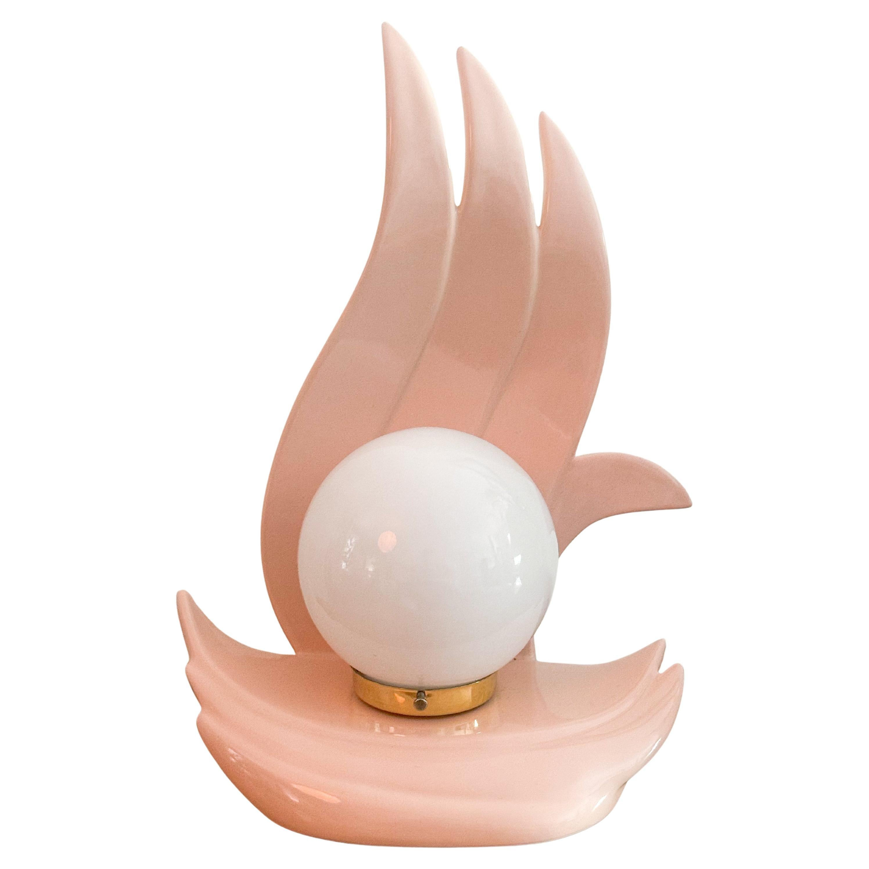 Art Deco Sculptural Pink Pastel Ceramic Flame Bird Table Lamp with Globe Shade | 1stDibs