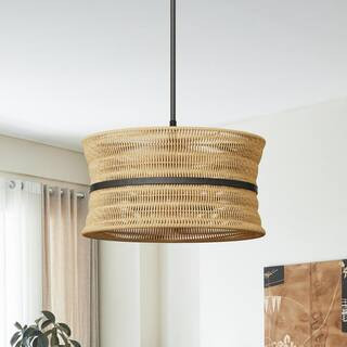 Collision 4-Light 18 in. Black Rattan Shade Modern Drum Dimmable Chandeliers Living Dining Foyer Lighting | The Home Depot
