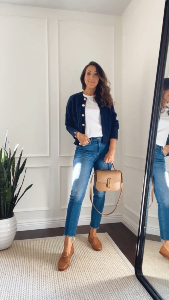 This timeless cable knit cardigan is back 👏🏼. It sold out fast last fall. Runs tts - I’m wearing xs. 
Loafers run tts for me - super comfortable. 
Tee in small - thin and light, perfect for summer or as a layer. 
Jeans are Mother Denim - exact color no longer available. But Linking same style 

#LTKstyletip #LTKshoecrush #LTKSeasonal