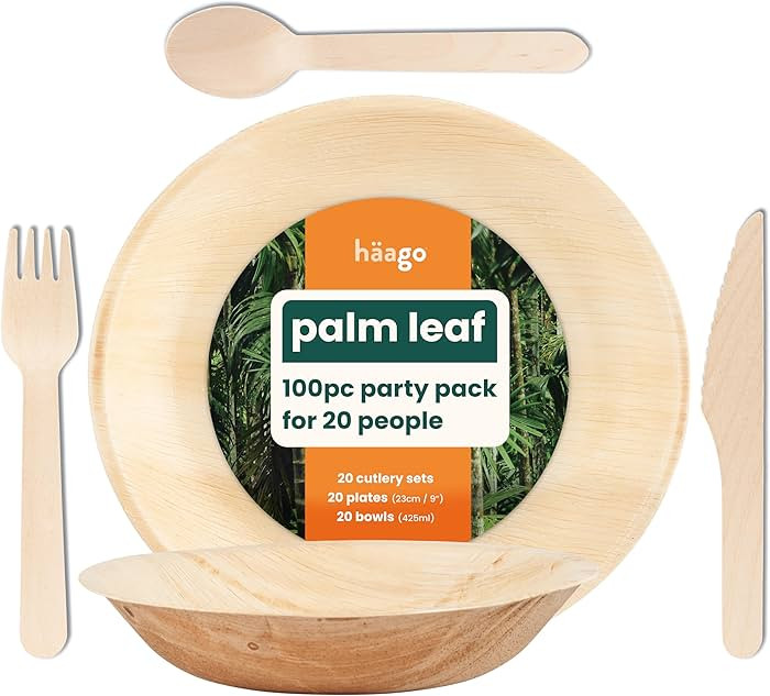 100 Pack Palm Leaf Party Tableware for 20 Guests | 20 Round Plates 9" + 20 Bowls 16oz + 60 Wooden... | Amazon (US)