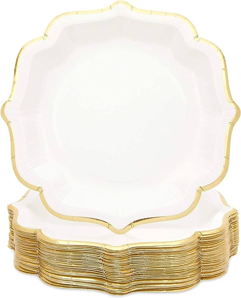 48-Pack White Paper Party Plates with Gold Foil Scalloped Edging (9 in) | Amazon (US)