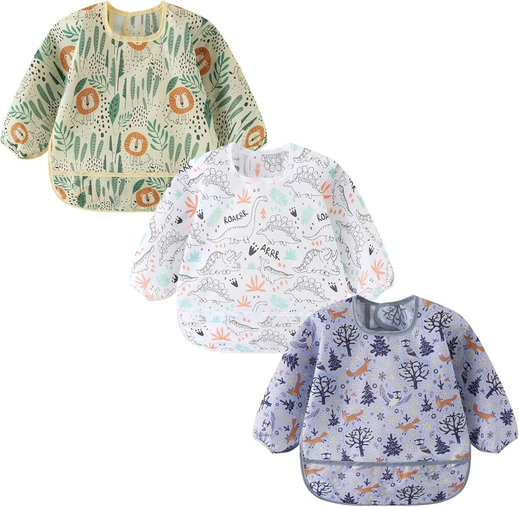 3 Pack Long Sleeve Bib,Baby Smock for Eating 6-30 Months Reusable Shirt Bibs for Babies Toddler | Amazon (US)