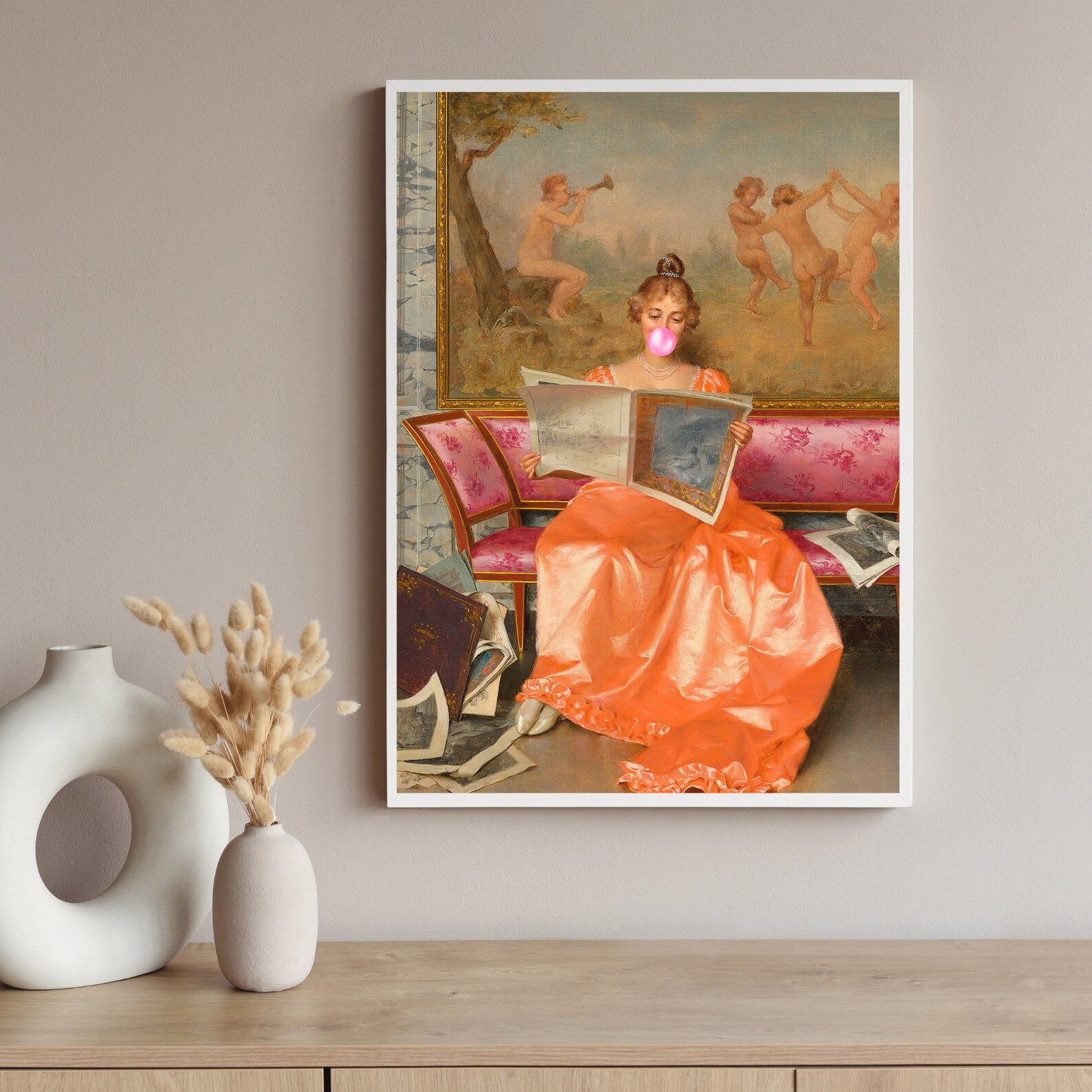 Reading Lady With Pink Bubblegum/funny Art/femiminine Wall Art/bubble Gum Art/vintage Portrait/pr... | Etsy (US)