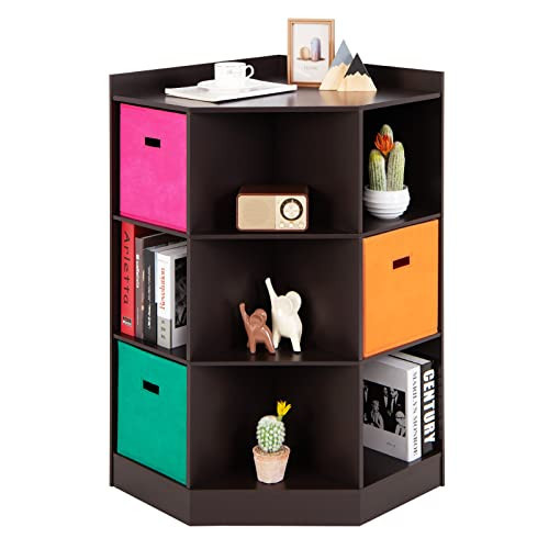 Costzon 9-Cubby Kids Bookcase with Large Storage Bins, Children's Corner Cabinet with 6 Cubes and 3 Shelves, Wooden Toy Organizers and Storage Book Shelves for Playroom Kids Room Nursery (Espresso) | Amazon (US)