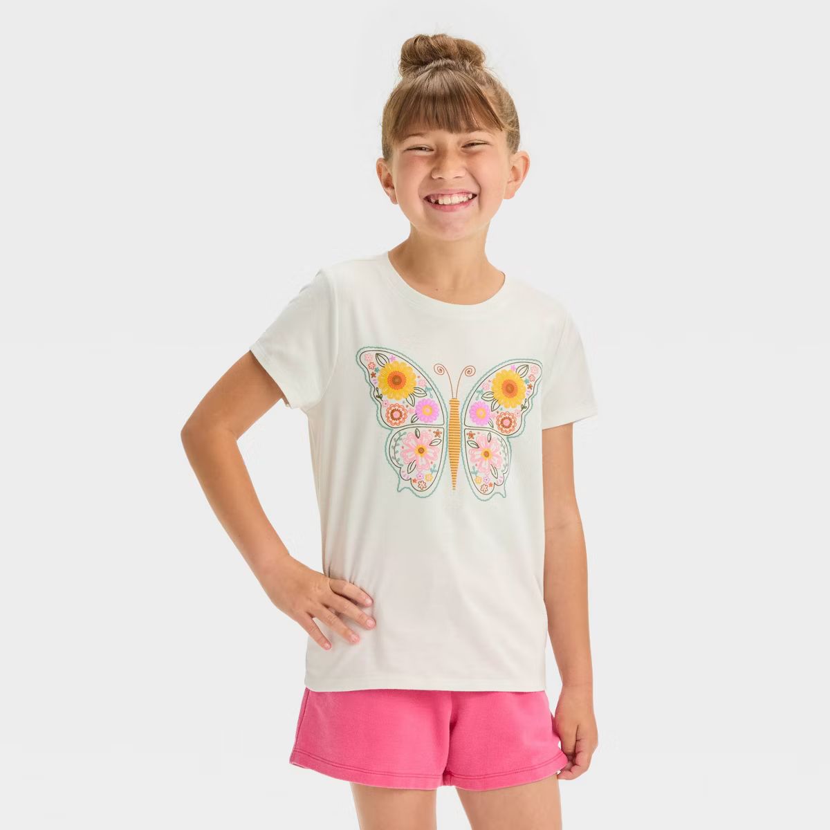 Girls' Short Sleeve Embroidery Butterfly Graphic T-Shirt - Cat & Jack™ Cream | Target