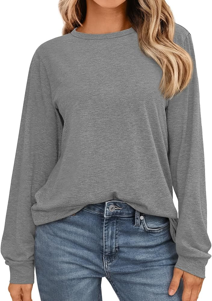 AUTOMET Women's Long Sleeve Shirts Loose Fitted CrewNeck Solid Color Basic Tops Casual Outfits | Amazon (US)