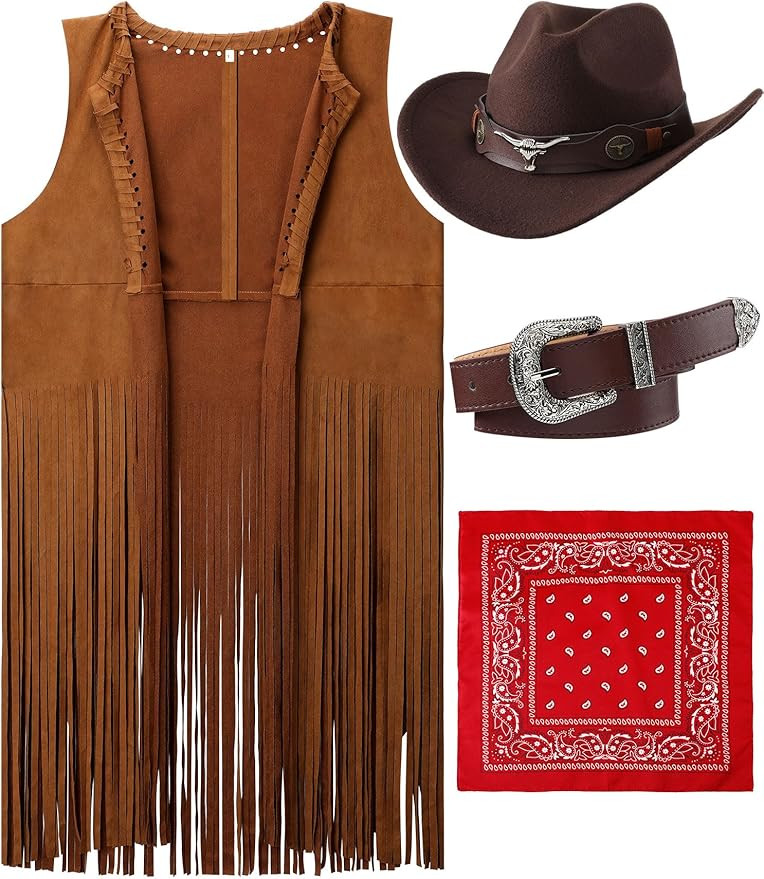 Hercicy Western Outfits for Women Cowgirl Tassel Sleeveless Vest Cowboy Hat Belt and Paisley Band... | Amazon (US)