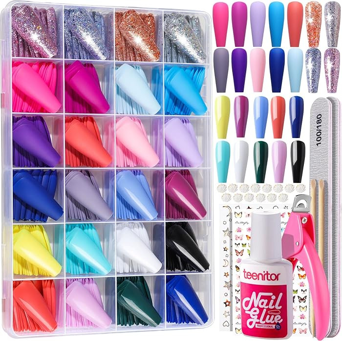 Teenitor Long Fake Nails Kit - 10 Colors Matte & Glossy, 4 Glitter Press On Nails | Amazon (US)