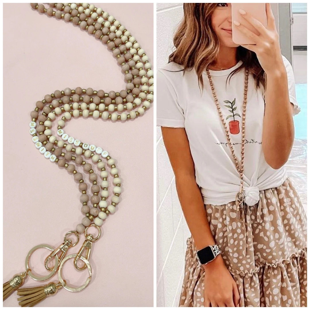 Personalized Wood + Gold Teacher Lanyard, Rosewood Lanyard, Gold Beads, Wood Bead Lanyard, Wood a... | Etsy (US)