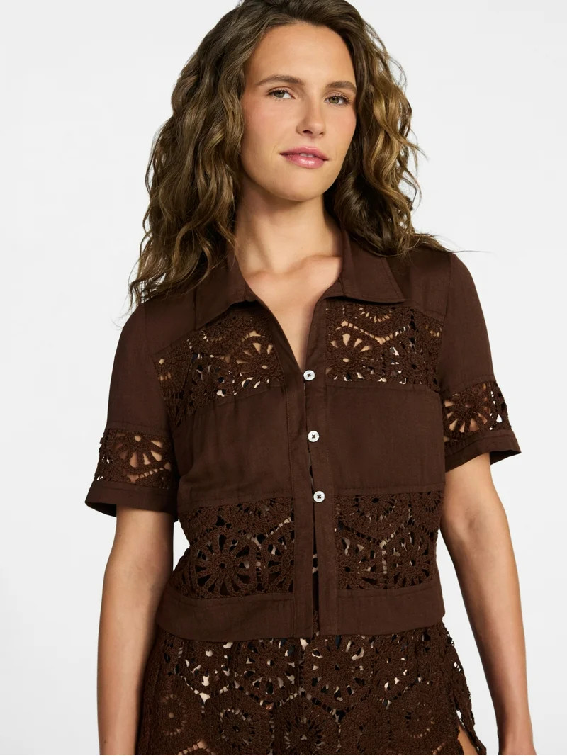 Time and Tru Women's and Women's Plus Size Palm Crochet Coverup Top, Sizes XS-3X | Walmart (US)