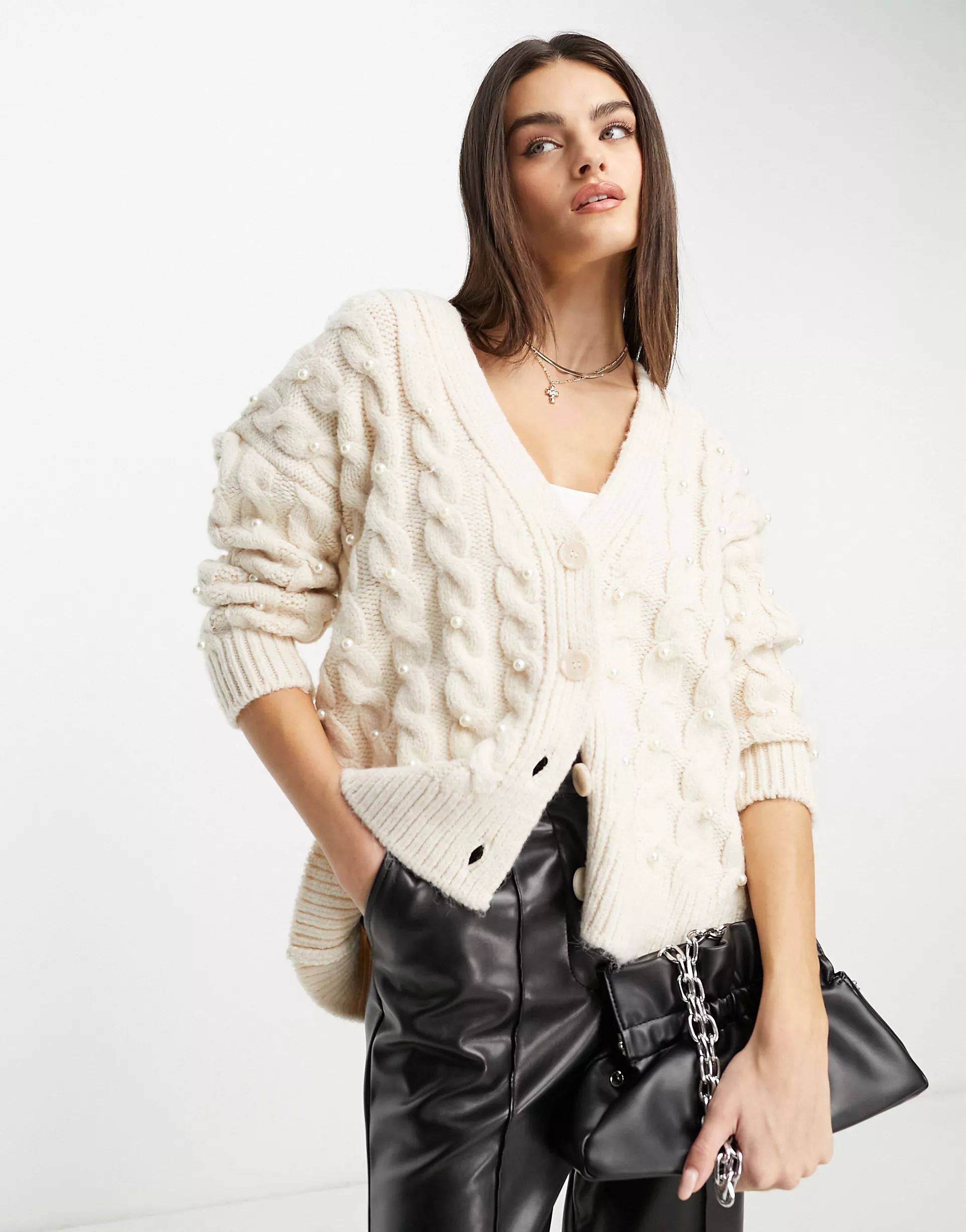 Mango chunky knit cardigan with faux pearls in cream | ASOS (Global)