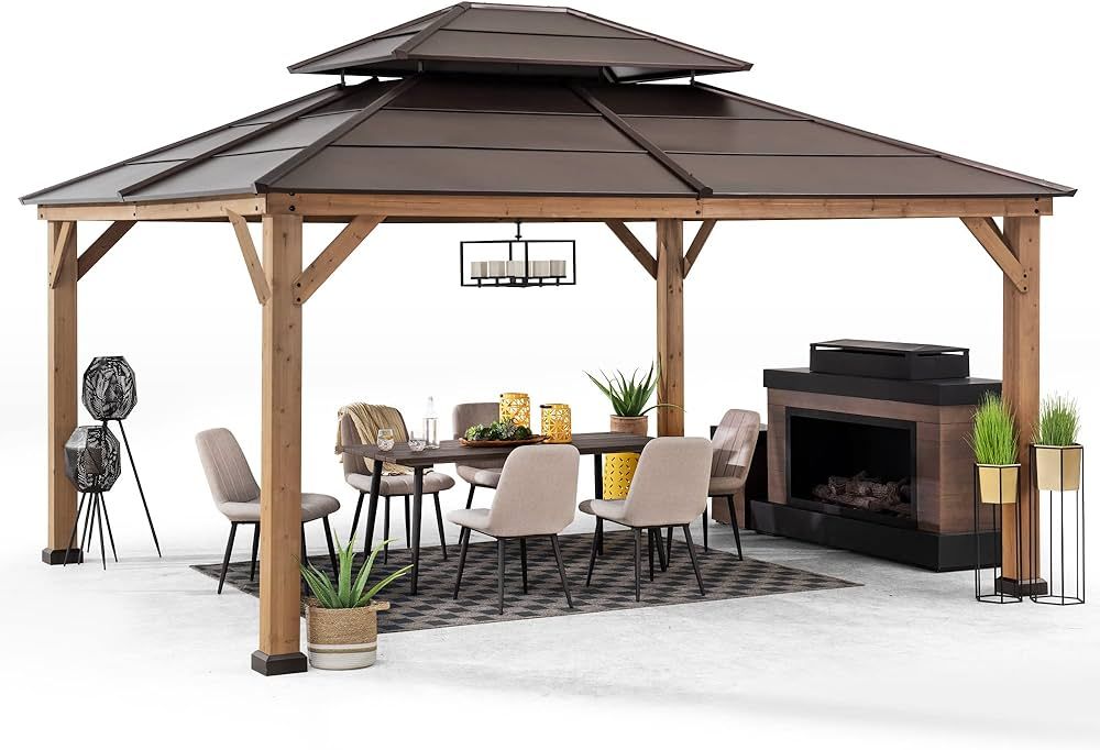 Sunjoy Hardtop Gazebo 13' X 15' Cedar Framed Wood Gazebo with Brown Double Steel Hardtop Roof Per... | Amazon (US)