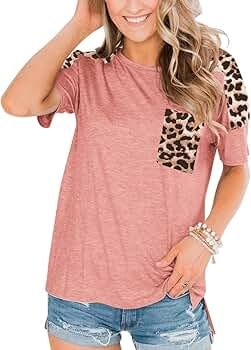 PRETTODAY Women's Leopard Print Short Sleeve T Shirts Crew Neck Loose Tops with Pocket | Amazon (US)